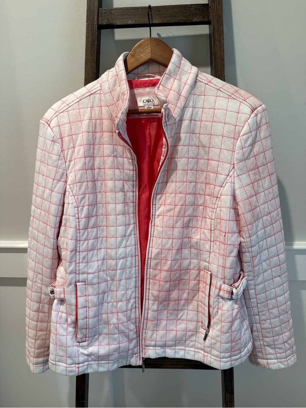 Cato White Quilted Jacket with Pink Grid - Women's